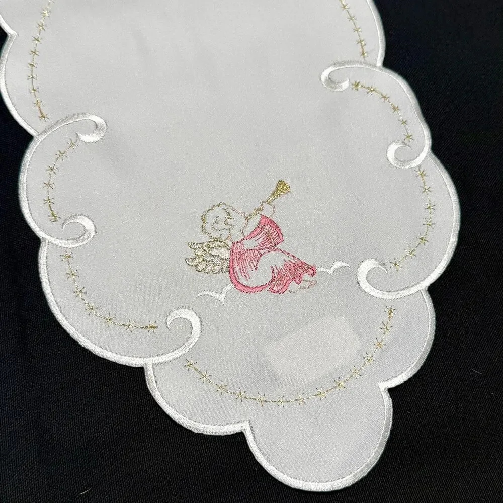 German Embroidered Christmas Table Runner Mat Angels 9x52 Metallic Gold Thread